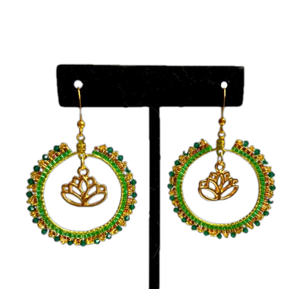 Boho Lotus Flower Green Hoop Beaded Earrings